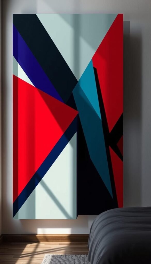 High-contrast, geometric abstract wall art with bold, dynamic shapes and lines in a vivid color palette. The composition features a harmonious balance of angular forms, overlapping planes, and vibrant hues that create a sense of visual depth and movement. The lighting is dramatic, with sharp shadows and highlights that accentuate the sculptural quality of the artwork. The image has a sleek, modern aesthetic that would complement a minimalist or industrial-style bedroom decor.
