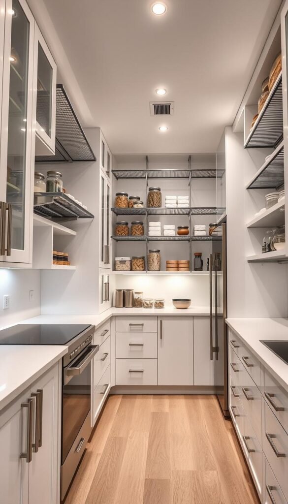 High-end modern kitchen filled with sleek, minimalist storage solutions. Gleaming stainless steel appliances and white cabinets with hidden compartments, drawers, and shelves provide ample organization. Overhead shelving units and hanging racks maximize vertical space, with stylish glass jars and containers for dry goods. Soft, even lighting from recessed ceiling fixtures highlights the clean, uncluttered design. Wide-angle lens captures the entire kitchen space, emphasizing the efficient, well-planned storage layout. The atmosphere is tranquil, serene, and utterly functional, a vision of streamlined culinary organization.