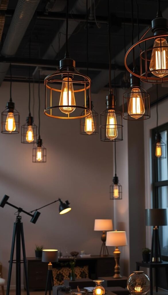 Intricate industrial-style statement lighting fixtures adorning a modern urban living space. Dramatic overhead pendant lights with exposed bulbs and metal frames casting a warm glow. Tall, slender floor lamps with angular silhouettes and matte black finishes. Scattered table lamps with glass shades and metal accents illuminating the room. Carefully curated lighting that defines the space and establishes a distinct industrial-chic aesthetic. Moody shadows and highlights create an atmospheric ambiance, elevating the functional fixtures into works of art.