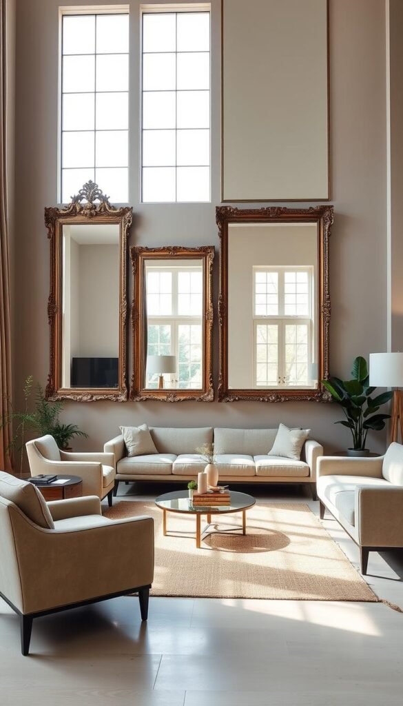 Large, ornate wall mirrors dominating a spacious living room, mounted on a neutral-toned accent wall. The mirrors reflect natural light streaming in through tall windows, creating an illusion of depth and grandeur. The room is furnished with plush, mid-century modern sofas and armchairs, their muted colors complementing the mirrors' ornate frames. A minimalist, natural-fiber rug grounds the scene, while potted plants and subtle metallic accents add warmth. The overall mood is one of refined elegance and a sense of openness, the mirrors serving as the centerpiece that visually expands the room.
