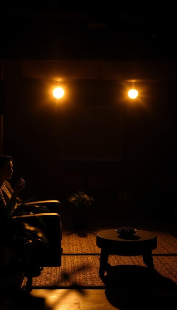 Layered lighting principles: a meticulously composed scene with a soft, warm foreground illumination creating a cozy ambiance, transitioning to a middle ground with strategic placement of directional spotlights to highlight key elements, all set against a shadowy background subtly lit by a combination of diffused overhead lighting and subtle backlighting, conveying a sense of depth, balance, and atmospheric mood lighting that invites contemplation.