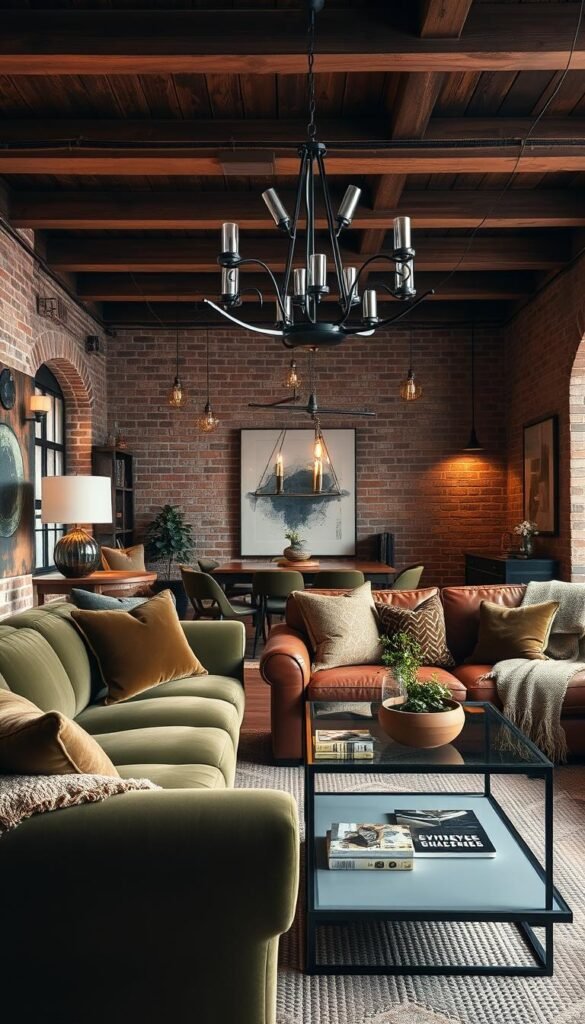 Layered textures in a vintage modern design. A warm, cozy living room with plush velvet upholstery in a deep olive green, complemented by smooth leather in a rich cognac. Wooden ceiling beams and exposed brick walls create a rustic, industrial vibe, while sleek, metal accents like a modern chandelier and a glass-topped coffee table add a contemporary touch. Soft, woven throws and pillows in earthy tones provide depth and visual interest. Lighting is a mix of warm, ambient lighting and directional task lighting, creating a inviting, intimate atmosphere. The overall scene exudes a sense of timeless elegance and character.