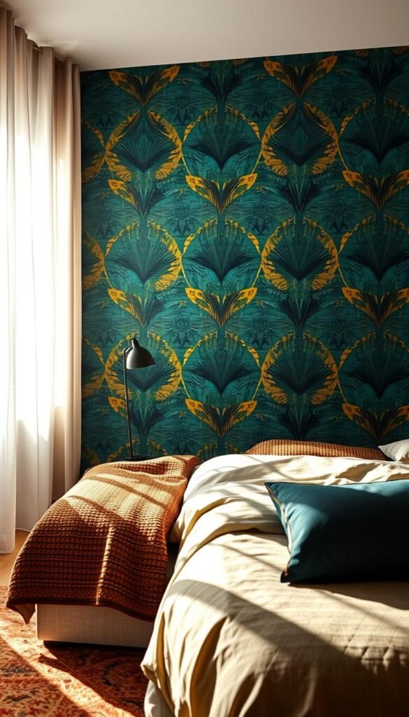 Lush, bold wallpaper patterns in a modern bedroom setting. A captivating focal wall with a striking geometric design in rich, saturated hues of teal, mustard, and charcoal. Sunlight filters through sheer curtains, casting a warm, diffused glow. The patterns have a tactile, layered quality, with subtle textures and a sense of depth. The overall mood is sophisticated, yet inviting, creating a visually striking accent piece that elevates the space.