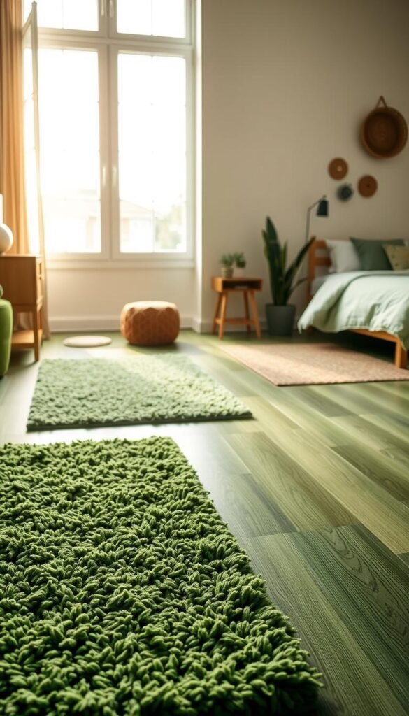 Lush green bedroom flooring with a cozy, textured rug in the foreground. Warm, natural lighting filters through large windows, casting a soft glow on the scene. A variety of green-toned rug options are showcased, from plush shag to sleek woven designs, presenting a range of stylish and practical choices. The middle ground features hardwood or laminate flooring in a range of verdant hues, complementing the rug selection. In the background, subtle wall accents and furnishings create a cohesive, nature-inspired ambiance, perfect for a refreshing boys' bedroom.