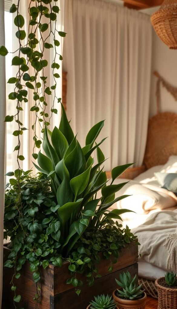 Lush, verdant boho-inspired plants and greenery spilling from a wooden planter, framed by delicate trailing vines. Muted natural lighting filters through sheer curtains, casting a warm, earthy glow. Tall, leafy plants with varied textures and tones occupy the middle ground, complemented by smaller potted succulents in the foreground. The background features a cozy, bohemian-style bedroom with soft textiles, woven accents, and a hint of natural wood tones. An inviting, serene atmosphere that brings the outdoors in, evoking a sense of effortless, layered style.