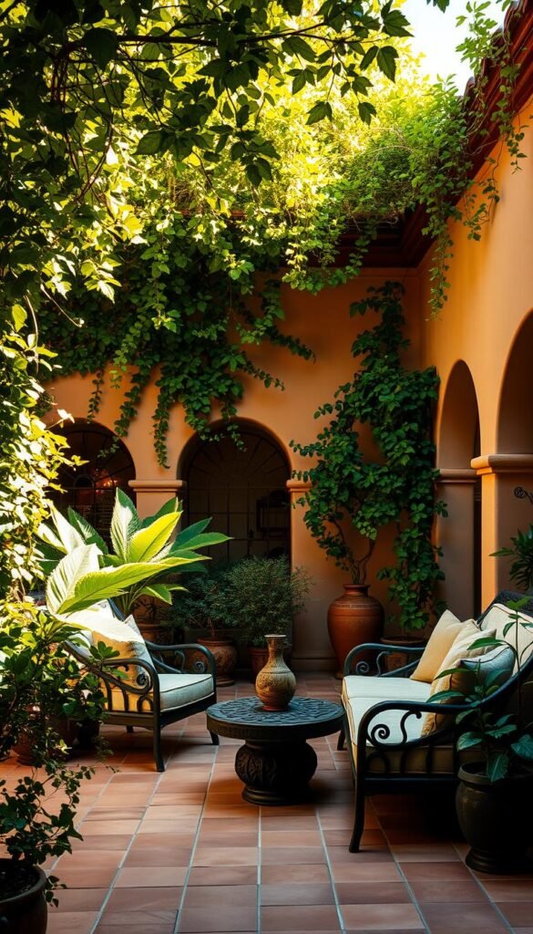 Lush, verdant courtyard with a serene patio setting, bathed in warm, golden sunlight filtering through the canopy of verdant foliage. A cozy seating area with plush, cushioned furniture invites relaxation, while terracotta tiles and decorative Mexican pottery add rustic charm. Intricate wrought-iron accents and trailing vines create a captivating, hacienda-inspired ambiance. In the background, a stucco wall with arched entryways frames the tranquil outdoor oasis, seamlessly blending indoor and outdoor living. The overall scene exudes a welcoming, laid-back atmosphere, evoking the essence of Mexican Hacienda-style living.