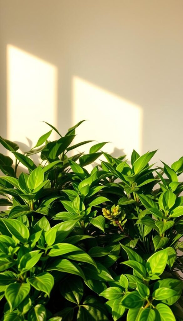 Lush, vibrant indoor plants arranged against a warm, sunlit backdrop, casting natural shadows on a minimalist living room setting. The leafy foliage, in varying shades of green, creates a serene, rejuvenating atmosphere. Soft, diffused lighting illuminates the plants, highlighting their intricate textures and delicate details. The composition showcases the harmonious integration of nature and modern decor, inviting a sense of tranquility and wellbeing. Emphasis on the plants' calming presence and the tangible benefits they bring to an indoor living space.