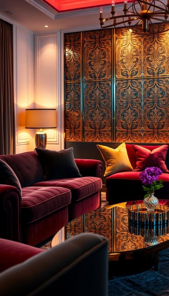 Luxurious color palette design, showcasing a harmonious blend of opulent hues. Imagine a sophisticated living room, bathed in the warm glow of ambient lighting, casting a soft, inviting atmosphere. In the foreground, rich jewel-toned velvets and lush textures create a sumptuous seating area, while the middle ground features a sleek, mirrored coffee table reflecting the elegant interplay of colors. In the background, a feature wall with metallic accents and intricate patterns adds depth and a touch of glamour to the scene. The overall composition evokes a sense of timeless luxury, inspiring feelings of comfort and indulgence.