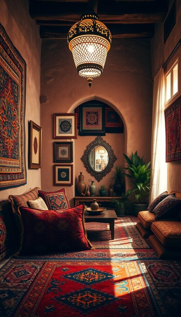 Moroccan wall art and tapestries adorning a richly textured, earthy-toned living space. In the foreground, intricately patterned rugs and cushions in vibrant hues of crimson, ochre, and azure. Overhead, a ornate Moroccan pendant lamp casts a warm, inviting glow. The middle ground features an array of framed Berber wall hangings, each with its own distinctive geometric design. In the background, a recessed alcove displays an ornate Moroccan mirror flanked by decorative vases and potted plants. Soft, diffused lighting filters through sheer curtains, creating a cozy, immersive atmosphere evocative of a Marrakesh riad.