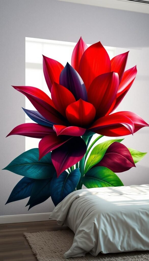 Mural wallpaper depicting a dramatic, modern floral arrangement in vibrant hues of crimson, indigo, and chartreuse. The focal point is a large, sculptural bloom with petals unfurling towards the viewer, illuminated by soft, natural light filtering through a large window. The background features a subtle, textured gradient, creating depth and a sense of tranquility. Crisp, high-contrast edges and a polished, minimalist aesthetic evoke a sleek, contemporary bedroom setting.