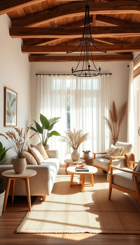 Neutral color palette for boho farmhouse style: Muted earth tones in a sun-dappled living room. Cozy linen sofa and armchair in soft beige, accented by a textured wool rug in warm browns. Mid-century side table in light wood, topped with a ceramic vase filled with dried flowers. Sheer curtains in a delicate off-white, filtering natural light that casts a gentle glow. Rustic wooden beams overhead, complemented by a wrought-iron chandelier. Potted plants and natural fibers add organic touches to the serene, inviting space.