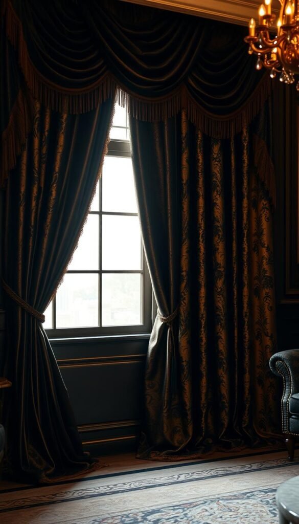 Opulent black and gold curtains with rich texture, cascading elegantly against a dimly lit, luxurious setting. Sumptuous velvet and brocade fabrics shimmer in a warm, soft light, casting a golden glow across the space. Intricate patterns and tasseled trim add depth and visual interest, creating a cozy yet sophisticated ambiance. The curtains frame a picturesque window, allowing just a hint of natural light to filter through, accentuating the luxurious materials. This scene exudes an air of refined glamour, perfect for enhancing the warmth and texture of a high-end living room design.