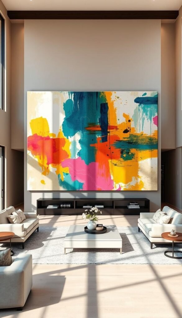 Oversized abstract canvas painting, dominating a spacious living room with high ceilings. Bold, expressive brushstrokes in a vibrant color palette, creating a dynamic and captivating focal point. The artwork is illuminated by warm, directional lighting, casting dramatic shadows that add depth and dimension. The composition fills the frame, commanding attention and making a grand statement. The room's neutral furnishings and clean, minimalist design allow the artwork to truly shine, establishing a harmonious and sophisticated ambiance.