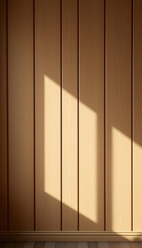 Painted vertical wood paneling, meticulously crafted with a warm, natural grain. Subtle shadows cast across the textured surface, creating depth and dimension. The paint, a soft, earthy hue, adds a touch of refinement, complementing the rustic charm of the wood. Warm, directional lighting illuminates the paneling, casting a gentle glow that evokes a cozy, inviting atmosphere. The panels stretch from floor to ceiling, exuding a sense of timeless elegance and understated sophistication, perfectly suited to enhance the designer touch of a bedroom.
