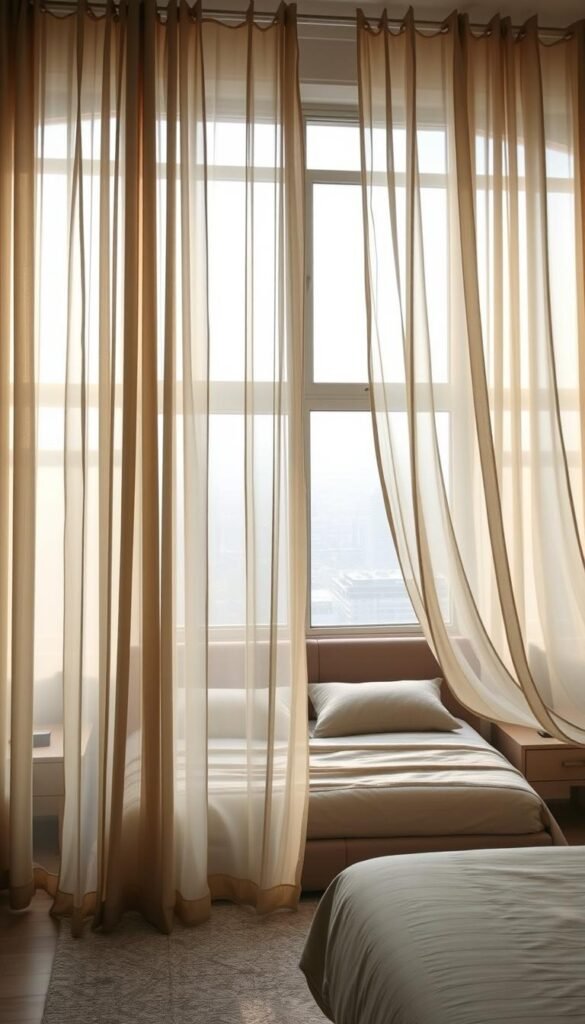 Prompt A contemporary bedroom in 2025, illuminated by soft natural light filtering through delicate sheer curtains in muted tones of sage and ivory. The curtains cascade elegantly, their flowing panels creating a serene and calming ambiance. In the foreground, the curtains frame a large window, showcasing a picturesque view of a modern urban landscape. The middle ground features a minimalist yet stylish bedroom set, with a low-profile bed and understated nightstands. Subtle textural details, such as linen and velvet accents, add depth and visual interest. The overall mood is one of refined sophistication, blending clean lines with organic materials for a timeless, tranquil aesthetic.