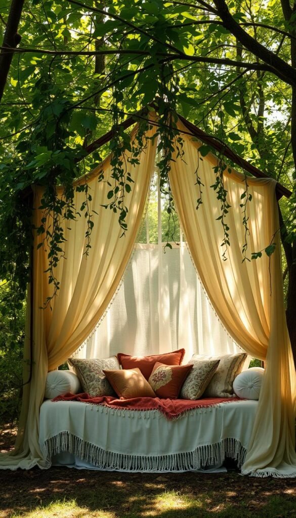 Prompt A cozy, dreamy canopy hideaway nestled in a sun-dappled forest. Delicate vines cascade down from the lush, verdant canopy, creating a serene, private retreat. Soft, diffused natural light filters through the leaves, casting a warm, ethereal glow. A plush, bohemian-inspired daybed sits beneath the canopy, adorned with an abundance of pillows and cozy textiles. Wispy curtains billow gently in the breeze, adding to the sense of tranquility and seclusion. The setting evokes a sense of whimsical escapism, a peaceful sanctuary for a young dreamer to curl up and get lost in their own imagination.