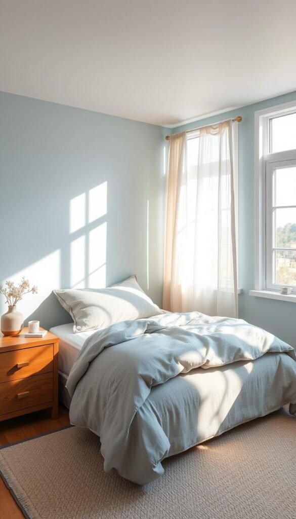 Prompt A cozy small bedroom bathed in soft, natural light. The walls are painted in a calming pale blue hue, creating a serene and airy ambiance. The bedding features a light grey color palette with subtle textural details, complementing the wooden nightstands and minimalist decor. Sunlight streams in through large windows, casting a warm glow across the space and highlighting the delicate textures of the linen curtains. The overall atmosphere is one of tranquility and relaxation, perfect for a restful night's sleep. Prompt A cozy small bedroom bathed in soft, natural light. The walls are painted in a calming pale blue hue, creating a serene and airy ambiance. The bedding features a light grey color palette with subtle textural details, complementing the wooden nightstands and minimalist decor. Sunlight streams in through large windows, casting a warm glow across the space and highlighting the delicate textures of the linen curtains. The overall atmosphere is one of tranquility and relaxation, perfect for a restful night's sleep.