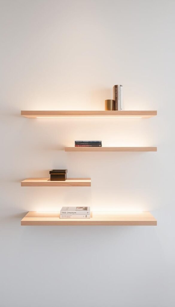 Prompt A minimalist, modern floating shelf display with a sleek, minimalist design. The shelves are made of smooth, light-colored wood, seamlessly mounted on the wall with hidden brackets. The shelves are arranged in a clean, asymmetric layout, creating an elegant and visually interesting display. The lighting is soft and diffused, highlighting the natural grain of the wood and casting a warm glow on the displayed items, which could include plants, books, or decorative objects. The background is a plain, muted color, allowing the shelves and their contents to take center stage. The overall atmosphere is one of understated sophistication and tranquility.