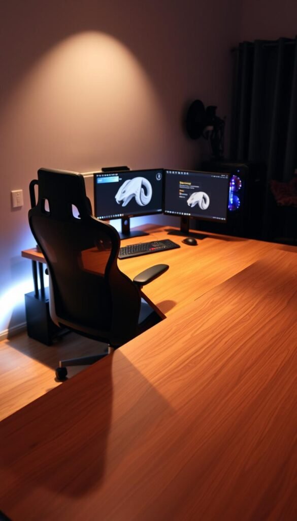 Prompt A modern, sleek gaming desk and ergonomic chair set against a backdrop of a cozy, dimly lit home office. The desk features a smooth, wooden surface with a minimalist design, hosting a powerful gaming PC, dual monitors, and peripherals. The chair is upholstered in premium leather, with adjustable lumbar support and a high-back to ensure optimal posture during extended gaming sessions. Soft, ambient lighting casts a warm glow, creating a inviting and focused atmosphere for marathon gaming. The scene is captured from a slightly elevated angle, emphasizing the harmonious integration of the functional and aesthetically pleasing elements.