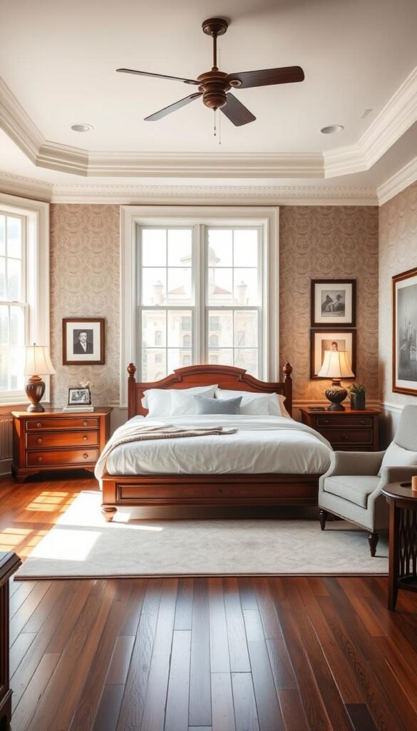 Prompt A timeless, serene boys' bedroom with a classic, elegant aesthetic. The focal point is a handsome, wood-framed bed draped in crisp white linens, flanked by antique-inspired side tables and vintage-style lamps casting a warm, soft glow. The walls are adorned with muted, earthy-toned wallpaper, complementing the rich hardwood floors. Tasteful, monochromatic artwork and décor elements add refined touches, while a cozy reading nook with a plush armchair invites relaxation. Abundant natural light filters in through large windows, creating an airy, tranquil ambiance. The overall impression is one of enduring sophistication and enduring style.
