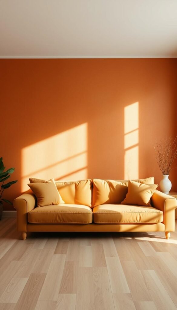 Prompt A warm, sun-drenched living room with a tan, plush sofa as the centerpiece. Behind it, an accent wall in a rich, earthy tone, creating a striking visual contrast. The lighting is soft and diffused, casting a gentle glow across the scene. The wall features a subtle, textured pattern that adds depth and visual interest. A few carefully curated decor elements, such as a potted plant and a decorative vase, complement the overall aesthetic. The composition is balanced and harmonious, drawing the eye to the sofa and the accent wall as the focal points of the space.