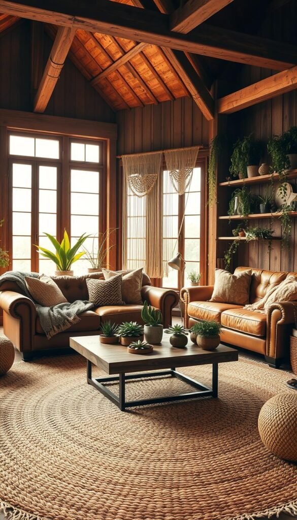 Rustic boho aesthetic design: a cozy, earthy living room with natural textures and a free-spirited vibe. Warm, diffused lighting casts a golden glow, highlighting a mix of vintage and handmade furnishings. In the foreground, a plush, tufted leather sofa is adorned with woven throw pillows and a thick knit blanket. Opposite, a reclaimed wood coffee table is topped with a collection of potted succulents and driftwood accents. In the middle ground, a large woven area rug grounds the space, its intricate patterns complementing the exposed wooden beams overhead. In the background, tall windows let in ample natural light, framed by macrame wall hangings and trailing greenery cascading from shelves. Rustic boho aesthetic design: a cozy, earthy living room with natural textures and a free-spirited vibe. Warm, diffused lighting casts a golden glow, highlighting a mix of vintage and handmade furnishings. In the foreground, a plush, tufted leather sofa is adorned with woven throw pillows and a thick knit blanket. Opposite, a reclaimed wood coffee table is topped with a collection of potted succulents and driftwood accents. In the middle ground, a large woven area rug grounds the space, its intricate patterns complementing the exposed wooden beams overhead. In the background, tall windows let in ample natural light, framed by macrame wall hangings and trailing greenery cascading from shelves.