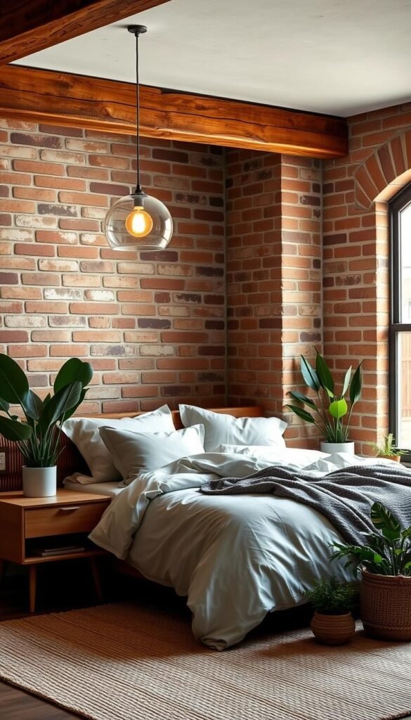 Rustic wooden beams and exposed brick walls set the stage for a cozy, modern bedroom blend. Plush, neutral bedding and a mid-century inspired nightstand create a warm, inviting atmosphere. Soft lighting from a minimalist pendant lamp casts a gentle glow, while a large window allows natural light to filter in. A textured area rug and potted plants add organic elements, blending the rustic and modern aesthetics. The room exudes a harmonious balance of rugged charm and contemporary comfort.