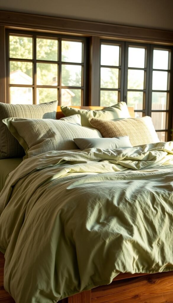 Sage green bedding with a soft, luxurious texture fills the frame. The linen sheets have a subtle sheen, catching the warm, natural light from a large window. The comforter features a delicate, woven pattern, adding depth and visual interest. Layers of plush throw pillows in complementary shades of green and gray create a cozy, inviting atmosphere. The bedding is positioned on a sturdy, wooden frame, lending an organic, rustic touch to the scene. The overall mood is calming, serene, and conducive to relaxation, perfectly capturing the essence of a sage green bedroom.