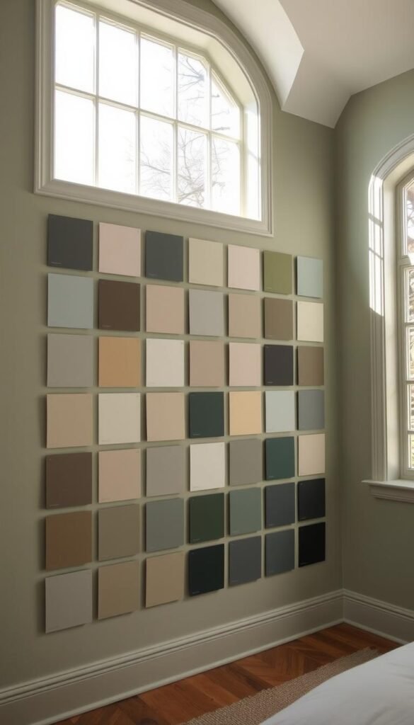 Sage green walls, soft and serene, showcasing a gallery of color samples. Arranged in an elegant grid, each swatch emitting a tranquil hue - from muted olive to deep forest. Warm natural light filters through large windows, casting a gentle glow across the display. The overall atmosphere is one of understated sophistication, inviting the viewer to envision these calming shades adorning a peaceful, rejuvenating bedroom space.