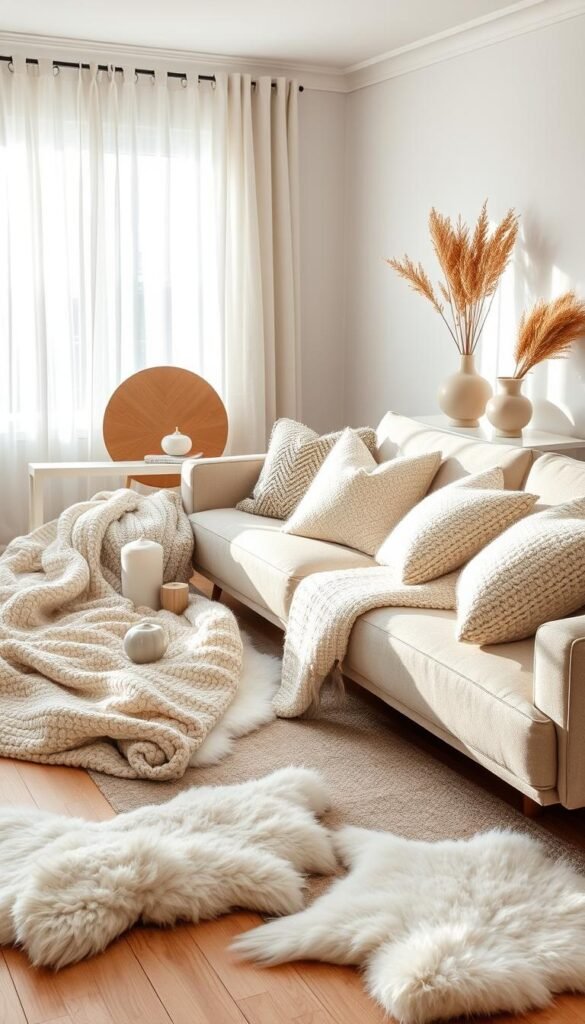 Scandinavian-inspired textiles and soft furnishings in a cozy, inviting living room. Plush woven throw blankets, chunky knit pillows, and sheepskin rugs in muted tones of white, gray, and beige. Sunlight filters through sheer linen curtains, casting a warm glow over natural wood accents and a minimalist, Scandinavian-style sofa. Carefully curated decor elements, such as ceramic vases and dried floral arrangements, complement the overall hygge aesthetic. The scene conveys a sense of comfort, simplicity, and refined Nordic style. Scandinavian-inspired textiles and soft furnishings in a cozy, inviting living room. Plush woven throw blankets, chunky knit pillows, and sheepskin rugs in muted tones of white, gray, and beige. Sunlight filters through sheer linen curtains, casting a warm glow over natural wood accents and a minimalist, Scandinavian-style sofa. Carefully curated decor elements, such as ceramic vases and dried floral arrangements, complement the overall hygge aesthetic. The scene conveys a sense of comfort, simplicity, and refined Nordic style.