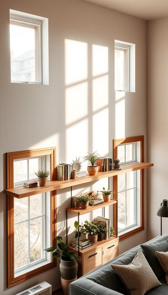 Shelving above windows, floating wooden planks with rustic charm, casting warm shadows. Minimalist home decor, clean lines and natural tones. Soft lighting from large windows, illuminating the shelves holding decorative plants, books, and small trinkets. Angled perspective showcasing the efficient use of vertical space, emphasizing the illusion of depth. Muted colors, earthy textures, and a sense of calm and serenity. A cozy, inviting atmosphere that maximizes the living room's potential.