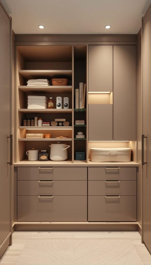 Sleek, streamlined child safety storage solutions bathed in soft, indirect lighting. Meticulously organized closet shelves and drawers designed to keep hazardous items out of reach, with smooth-gliding mechanisms and safety locks. Muted, earthy tones create a calming, nurturing atmosphere. Carefully considered ergonomics and accessibility features for growing children. A sense of order and security, empowering young ones to explore their surroundings with confidence. Minimal, modern aesthetic blends seamlessly into the family home's decor.