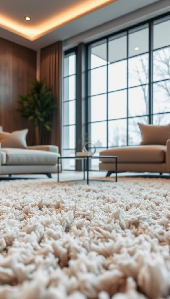 Soft, luxurious rug materials in a contemporary living room setting. A plush, high-pile shag rug in neutral tones occupies the foreground, its inviting texture beckoning bare feet. In the middle ground, a sleek, low-profile side table with clean lines provides a modern contrast. Overhead, warm, ambient lighting casts a cozy glow, while large windows in the background flood the space with natural light, creating a balance of comfort and sophistication. The overall atmosphere evokes a sense of modern, minimalist elegance.