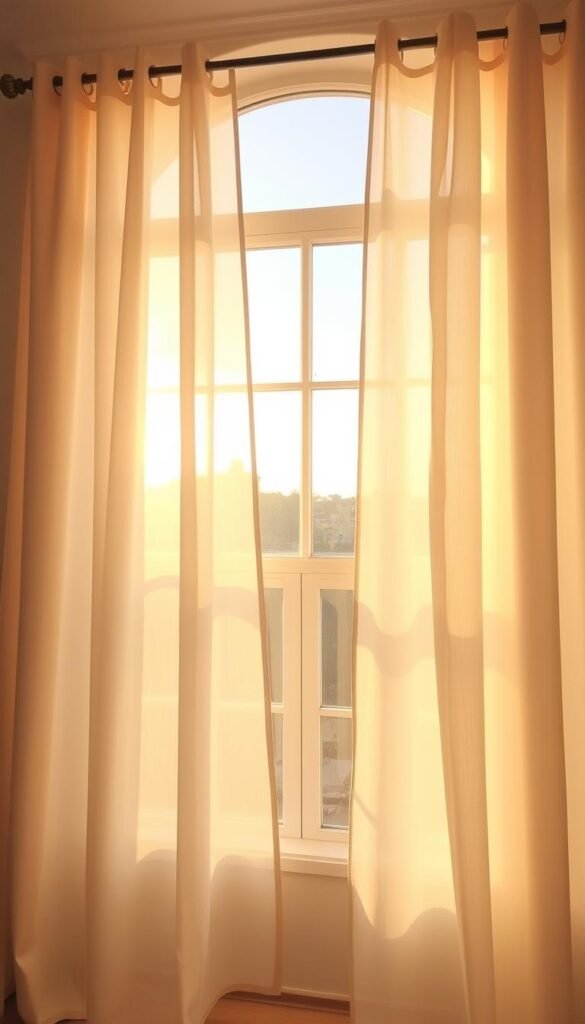 Soft, sheer cafe curtains gently billowing in the warm, golden sunlight filtering through a large window. The delicate fabric creates a cozy, inviting ambiance, providing just the right amount of privacy without blocking the natural light. The curtains are hung with simple, minimalist hardware, allowing the graceful drape to take center stage. The overall scene evokes a sense of tranquility and comfort, perfect for an aesthetically pleasing bedroom space.