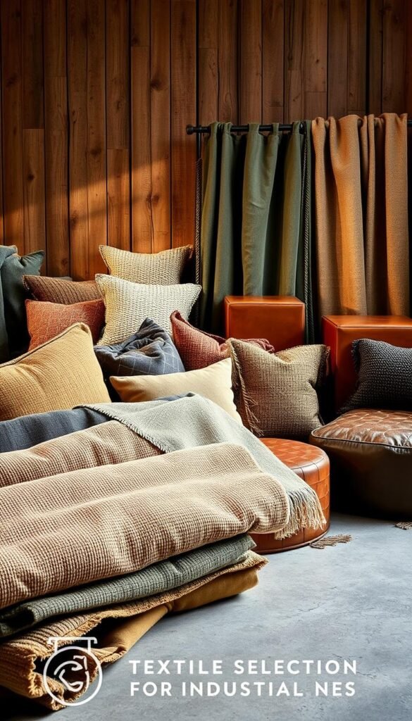 Textile selection for industrial spaces: a rustic, warm-toned arrangement of woven fabrics, leather, and natural fibers in a softly-lit studio setting. In the foreground, bolts of textured upholstery fabrics in earthy hues like ochre, olive, and charcoal grey. In the middle ground, an artful display of plush throws, pillows, and drapery, textured with nubby wool, linen, and suede. The background features a backdrop of weathered wood paneling, casting a soft, golden glow and complementing the raw, industrial aesthetic. The lighting is gentle, with soft shadows and highlights emphasizing the rich, tactile qualities of the textiles.