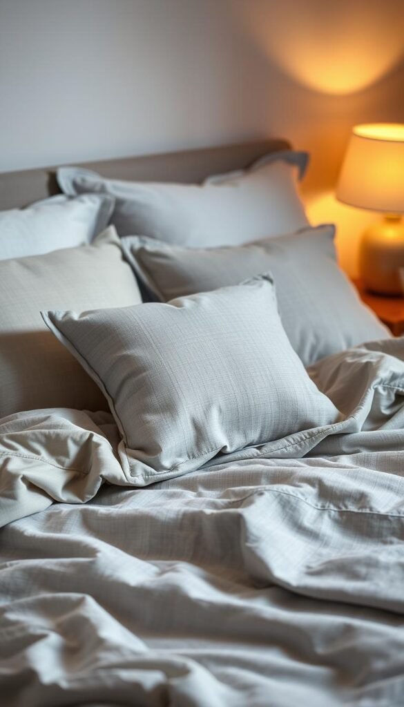 Textured grey bedding with plush, inviting pillows arranged in a cozy, serene setting. Soft, neutral tones create a calming atmosphere, with subtle patterning and gentle folds adding visual interest. The bedding has a luxurious, high-quality feel, with a mix of smooth satin and soft, fluffy textures. Warm, diffused lighting from a bedside lamp casts a gentle glow, enhancing the serene and inviting mood. The camera captures the scene from a slightly elevated angle, showcasing the beautifully styled bedding and pillows in a way that invites the viewer to imagine sinking into the comforting softness.