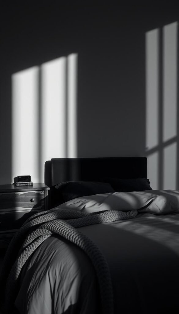 Textured monochrome bedroom decor: a moody, atmospheric scene with a serene, minimalist aesthetic. Soft, muted tones of grey and black create a sense of tranquility. Layered textures add depth and visual interest - a plush velvet headboard, a distressed wooden dresser, a chunky knit throw. Dramatic shadows from low-angle studio lighting sculpt the space, casting dramatic highlights and shadows. The overall effect is one of quiet sophistication and elegance, perfect for a chic, monochrome-inspired bedroom design.