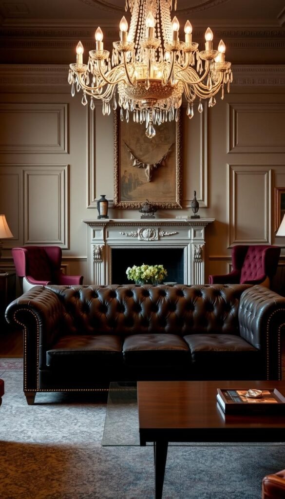 Timeless furniture pieces captured in a warm, elegant living room. In the foreground, a classic chesterfield sofa with tufted leather upholstery and brass nailhead trim, set against a backdrop of ornate moldings and a grand fireplace mantel. Flanking the fireplace, a pair of high-backed, button-tufted armchairs in a rich, jewel-toned velvet. In the middle ground, a large, rectangular coffee table with a polished wood surface and slender, tapered legs. Overhead, a sparkling crystal chandelier casts a soft, ambient glow. Throughout, a muted, earthy color palette and soft, diffused lighting create an atmosphere of refined sophistication and enduring style.