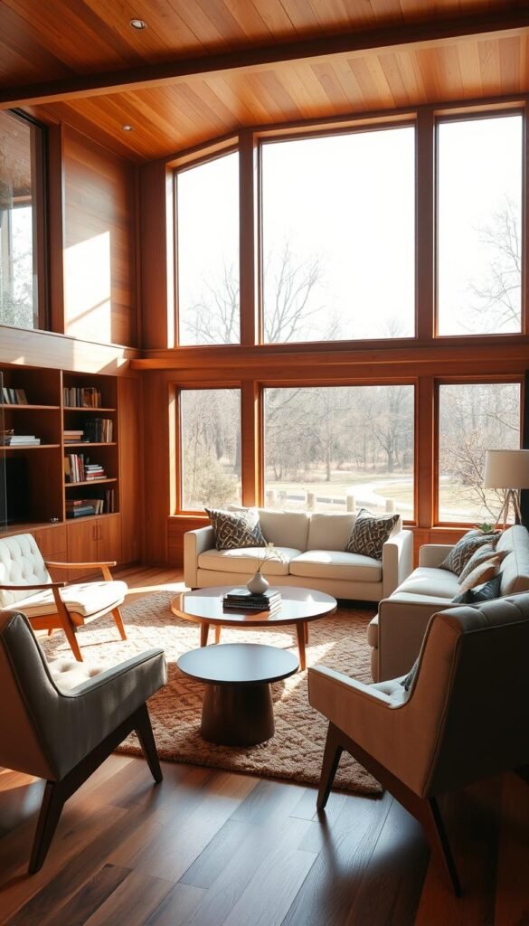 Timeless mid-century modern living room with sleek, minimalist furnishings and rich, warm wood tones. Sunlight streams through large picture windows, casting a soft, golden glow over the space. A low-profile sofa with clean lines sits atop a plush, geometric area rug. Armchairs with tapered legs and button-tufted upholstery flank a modern, round coffee table. Bookshelves line the walls, filled with vintage tomes and decorative objects. The scene exudes an aura of timeless sophistication and enduring design.