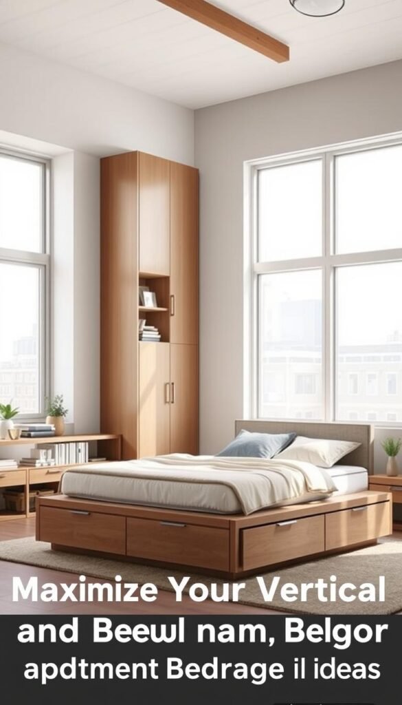 Vertical bedroom storage ideas: a spacious, well-lit bedroom with natural light flooding in through large windows. In the foreground, a tall, sleek bookcase or shelving unit lines the wall, showcasing neatly arranged decor, books, and personal items. In the middle ground, a low-profile platform bed raises the mattress, allowing for ample storage space underneath. Cleverly concealed drawers and cabinets optimize the vertical space, creating a cohesive, organized aesthetic. The background features neutral, soothing tones and textures, complementing the minimalist, functional design. The overall atmosphere evokes a sense of serenity and efficiency, perfectly suited for the "Maximize Your Vertical and Under-Bed Storage" section of the "Apartment Bedroom Decor: Smart & Stylish" article.