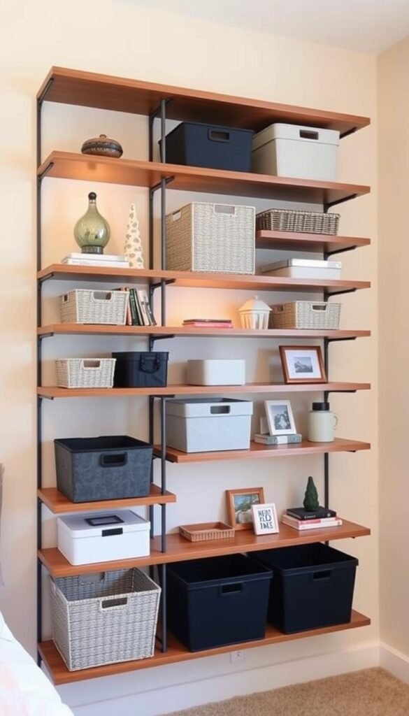 Vertical shelving storage solutions for a boys bedroom, featuring a modern, minimalist design. A clean, well-lit setup with sleek, floating wood shelves mounted on the wall, showcasing a variety of storage bins, baskets, and decorative accents. The shelves are arranged in a grid pattern, creating a symmetrical, organized look. The lighting is soft and indirect, casting a warm glow over the scene. The background is a neutral, off-white wall, allowing the shelving and its contents to be the main focus. The overall atmosphere is one of efficiency, functionality, and stylish simplicity, perfectly suited for a tidy, well-organized boys bedroom.