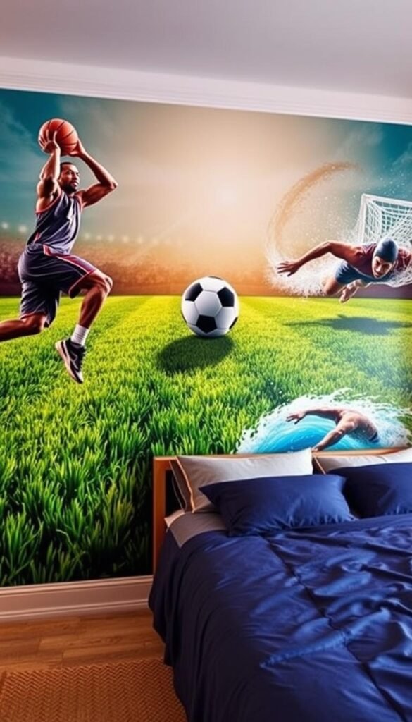 Vibrant and dynamic athletic wall murals adorn the sports-themed bedroom. In the foreground, a trio of basketball players mid-dribble and jump shot, their muscular forms captured in a high-energy pose. The middle ground features a soccer player deftly maneuvering the ball, surrounded by a field of grass textures and patterns. In the background, a swimmer slices through the water, their powerful strokes rendered in fluid, abstract brushstrokes. Warm, dramatic lighting casts dramatic shadows, heightening the sense of movement and athleticism. The overall composition conveys a youthful, energetic atmosphere perfect for a passionate sports enthusiast.