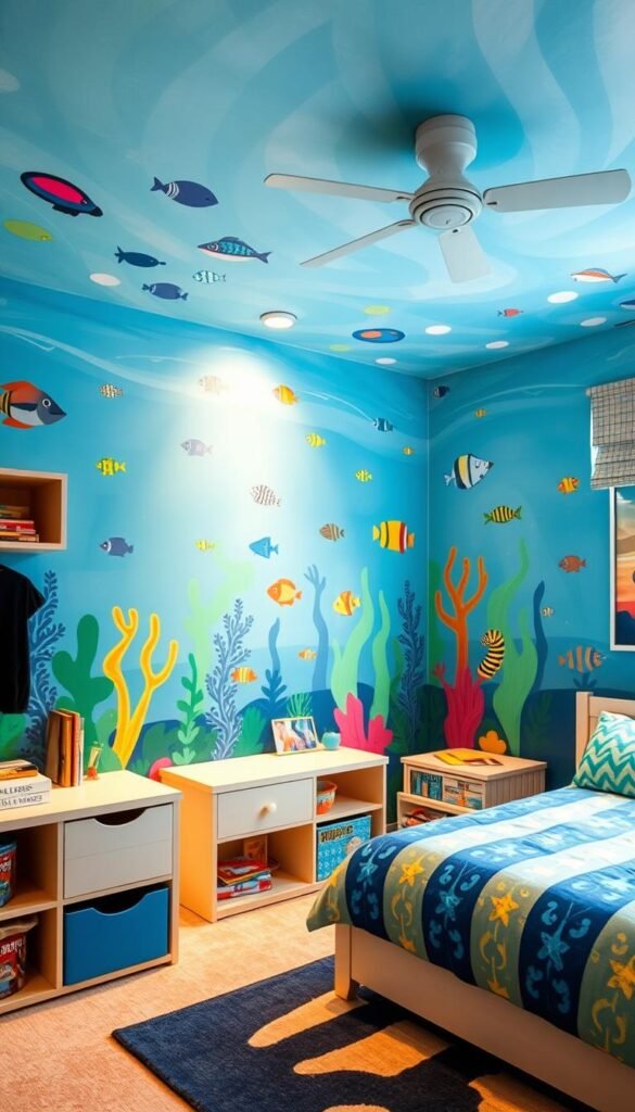 Vibrant and dynamic boys bedroom with an engaging painted mural on the walls. The mural features a whimsical undersea theme, with colorful fish, sea creatures, and coral reefs in shades of blue, green, and aquamarine. The design is playful and imaginative, capturing the adventurous spirit of a young boy. The lighting is soft and warm, creating a cozy and inviting atmosphere. The room is well-organized, with ample storage and a comfortable reading nook. The overall aesthetic is a balance of creativity and functionality, perfectly suited for a child's personal space.