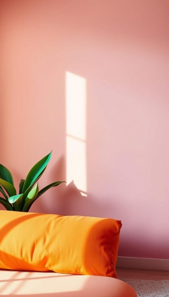 Vibrant color palette for a chic living room wall art. A composition of bold, saturated hues that create a warm, inviting atmosphere. In the foreground, a harmonious blend of rich terracotta, deep ochre, and earthy sienna tones. In the middle ground, accents of vivid turquoise and deep emerald green that add depth and vibrancy. The background features a soft, gradient wash of muted lavender and dusty rose, providing a soothing, sophisticated contrast. The lighting is natural and diffused, casting a gentle, golden glow that enhances the depth and texture of the colors. The overall aesthetic evokes a sense of modern elegance and artistic flair, perfectly suited for a stylish living room wall decor.