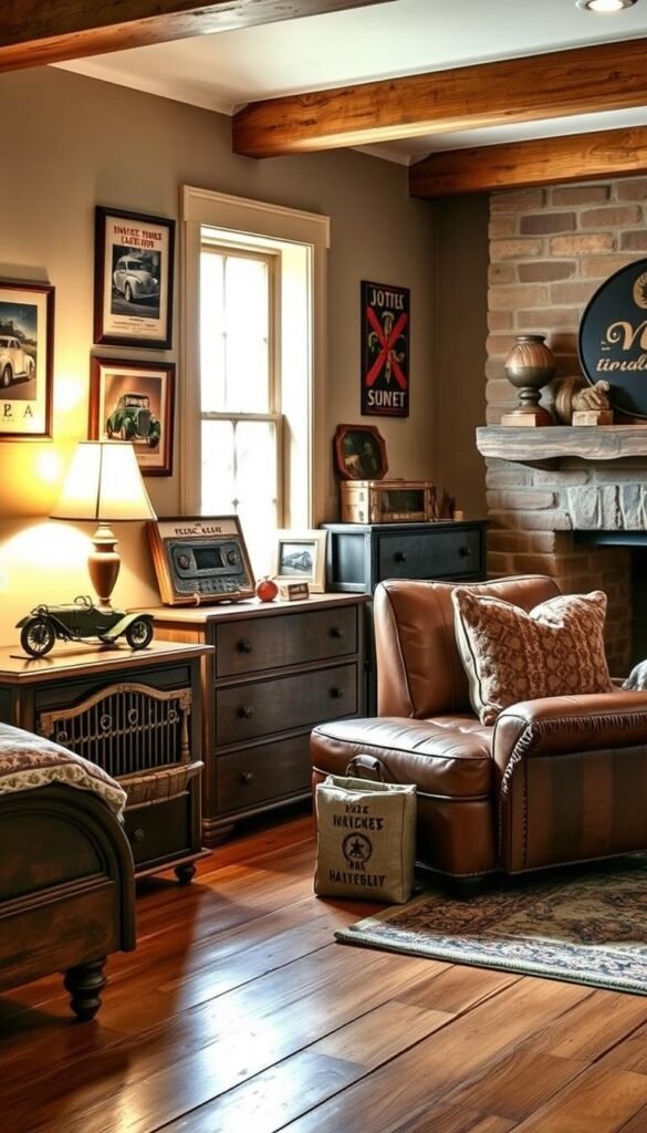 Vintage car bedroom pieces: a warm, cozy scene featuring an antique car-themed nightstand, dresser, and armchair in a softly lit, rustic bedroom. The nightstand has a mid-century style lamp, a classic car model, and framed vintage car posters. The dresser displays a weathered car grill, an old-fashioned radio, and a collection of car-related memorabilia. The armchair is upholstered in distressed leather, complemented by plush throw pillows. Wooden floors, exposed beams, and a cozy fireplace create a nostalgic, sentimental atmosphere, evoking the timeless allure of classic automobiles.