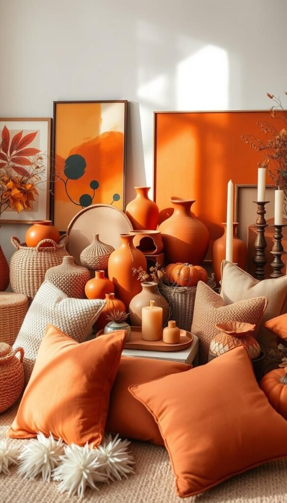 Warm, autumnal still life of burnt orange art and decor accessories, bathed in soft, diffused lighting. A central arrangement of ceramic vases, bowls, and sculptural pieces in shades of orange and ochre, complemented by textured woven baskets, decorative trays, and plush throw pillows. Accent pieces like abstract paintings, framed prints, and elegant candleholders scattered throughout the scene, creating a cohesive, harmonious display. Hints of natural elements like dried leaves or twigs add organic touches. The overall mood is cozy, inviting, and reflective of the changing seasons.