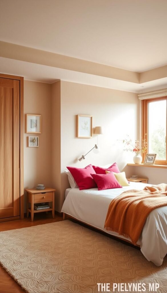 Warm, inviting bedroom with beige walls and wooden accents. Strategically placed pops of accent color in the form of vibrant throw pillows, a cozy area rug, and a few carefully curated wall decor pieces. Soft, diffused lighting from a large window bathes the room in a natural glow, creating a serene and tranquil atmosphere. The overall aesthetic is one of understated elegance, where the accent colors effortlessly complement the neutral foundation, adding visual interest and depth to the space.