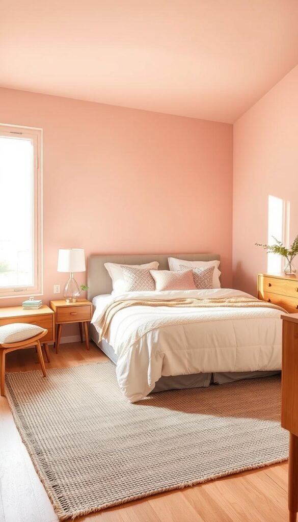 Warm, inviting plaster-toned pink bedroom with a soft, cozy atmosphere. Gentle, diffused lighting from a large window casts a golden glow, creating a tranquil ambiance. Fluffy white bedding, textured throw pillows, and a handwoven area rug add layers of tactile comfort. Mid-century modern nightstands and a dresser in a complementary warm wood tone accentuate the vintage-inspired aesthetic. The scene is captured through a wide-angle lens, emphasizing the spaciousness and harmonious color palette that evokes a sense of relaxation and renewed energy.