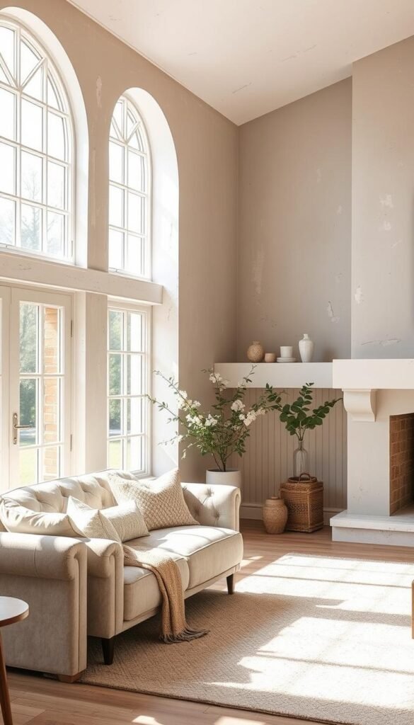 Warm neutral farmhouse walls, bathed in soft, natural light filtering through large windows. Textured plaster in soothing shades of ivory, taupe, and gray, creating a calming, inviting atmosphere. The walls have a slightly worn, weathered appearance, adding character and charm. Subtle patterns, such as subtle stripes or a light herringbone design, add visual interest without overwhelming the space. The overall effect is one of understated elegance and timeless comfort, setting the stage for a cozy, harmonious living room. Warm neutral farmhouse walls, bathed in soft, natural light filtering through large windows. Textured plaster in soothing shades of ivory, taupe, and gray, creating a calming, inviting atmosphere. The walls have a slightly worn, weathered appearance, adding character and charm. Subtle patterns, such as subtle stripes or a light herringbone design, add visual interest without overwhelming the space. The overall effect is one of understated elegance and timeless comfort, setting the stage for a cozy, harmonious living room.