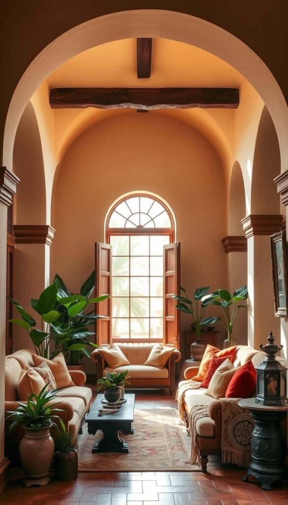 Warm-toned architectural arches adorning a cozy Spanish-style living room interior. Soft, diffused natural light filters through large windows, casting gentle shadows across the graceful curved entryways. Intricately carved wooden beams and rich terracotta tiles create a rustic, inviting ambiance. Plush textiles in earthy hues, such as terracotta, mustard, and olive green, add pops of color and texture. Lush potted plants and ornate vintage decor pieces complete the welcoming, lived-in aesthetic. The scene evokes a sense of timeless Mediterranean charm and relaxed sophistication.